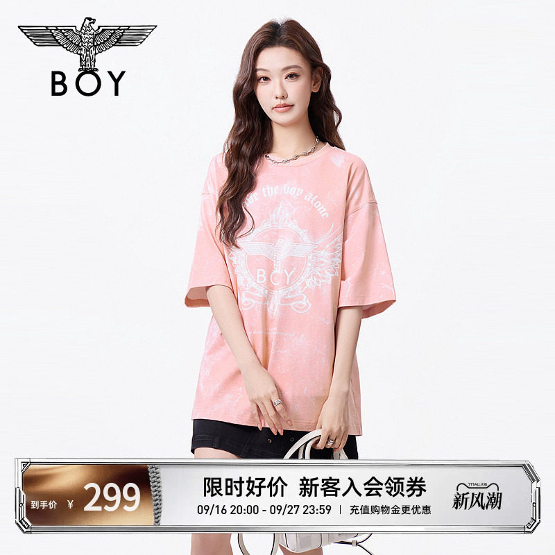 BOYLONDON粉色印花翅膀时尚潮牌休闲短袖夏季男女同款T恤N01130										