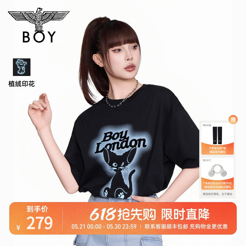 BOYLONDON小猫印花黑色时尚休闲潮牌短袖夏季男女同款T恤N