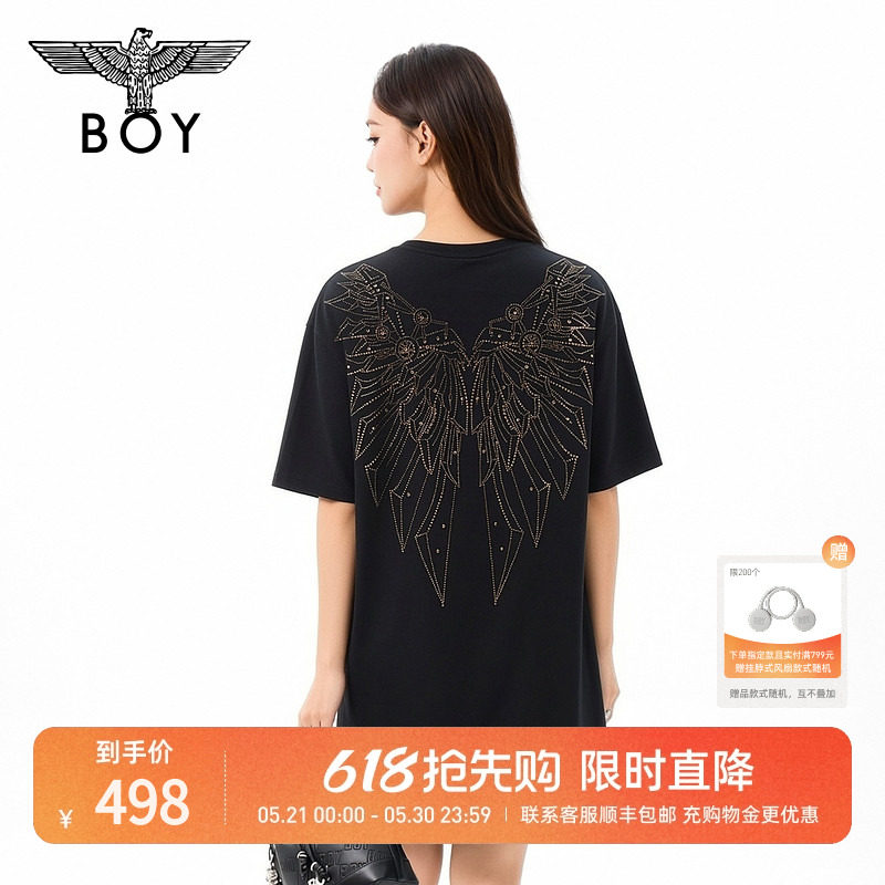 BOYLONDON夏季女款黑色T恤裙烫钻翅膀潮牌直筒连衣裙W17