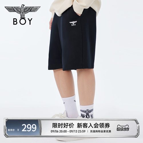 BOYLONDON春夏情侣款休闲裤经典款时尚黑色抽绳短裤N14002