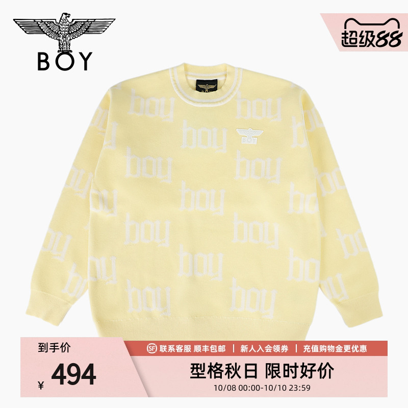 BOYLONDON2025秋季男女同款满印休闲潮牌圆领套头针织毛衣N60006