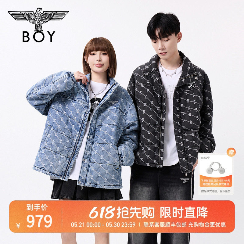 BOYLONDON冬季短款情侣棉服潮牌外套提花保暖水洗牛仔棉衣N