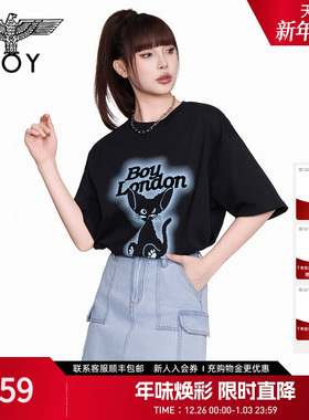 BOYLONDON小猫印花黑色时尚休闲潮牌短袖夏季男女同款T恤N01285