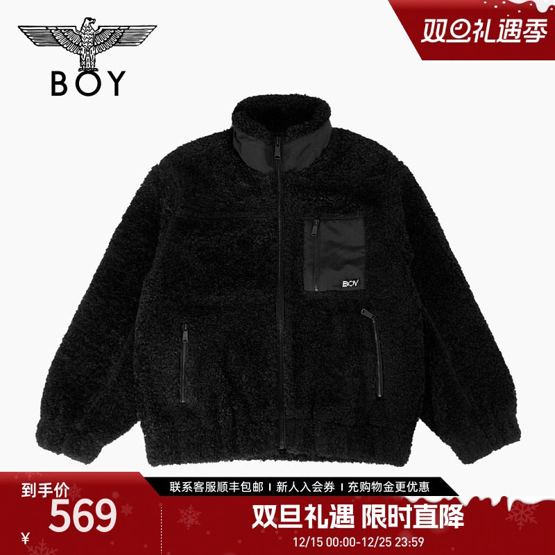 BOYLONDON春季男女同款仿羊羔绒黑色潮牌休闲宽松外套M23700