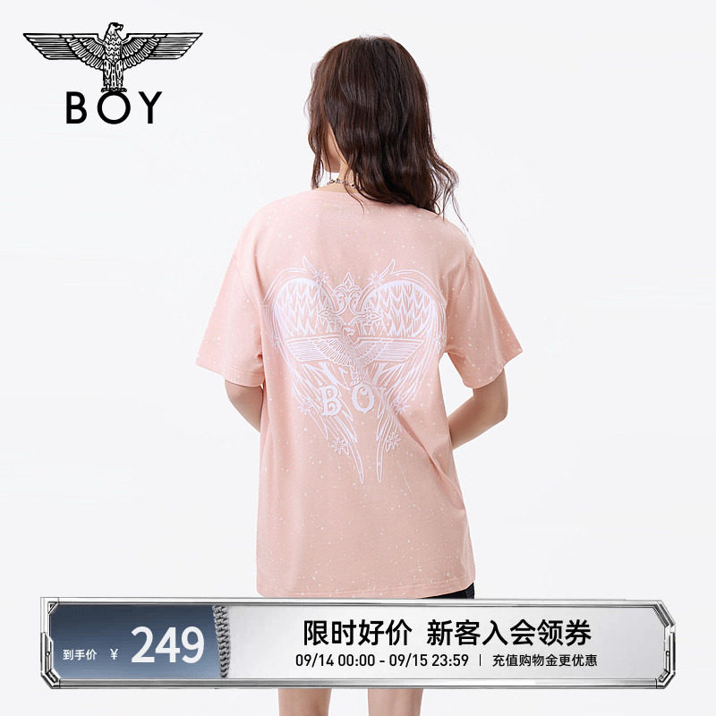 BOYLONDON夏季情侣款粉色爱心翅膀印花针织短袖T恤上衣N01905图片