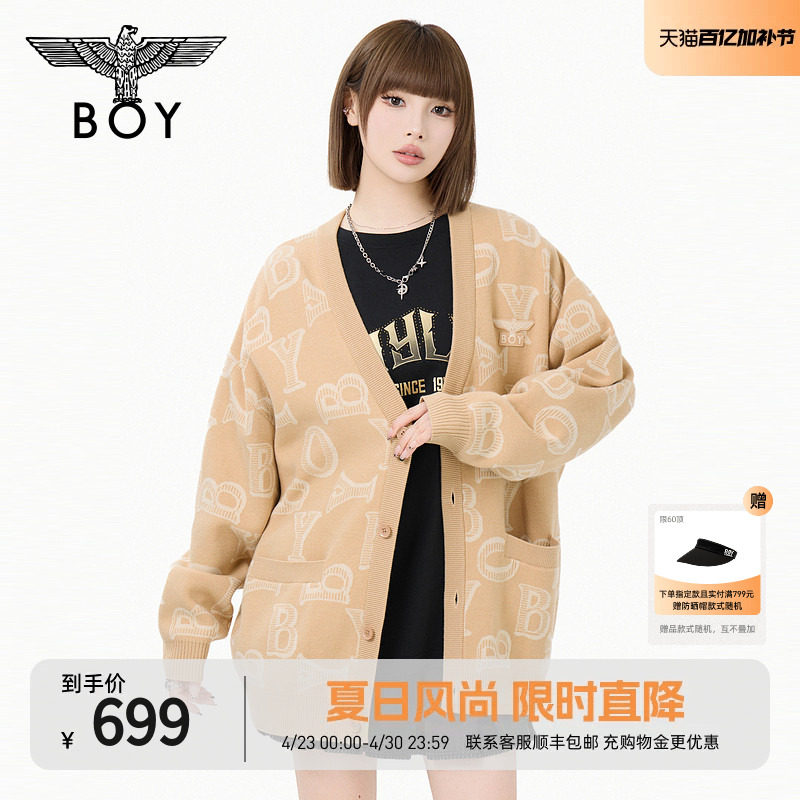 BOYLONDON春季V领慵懒风情侣老钱提花潮牌针织毛衣开衫外套N64021