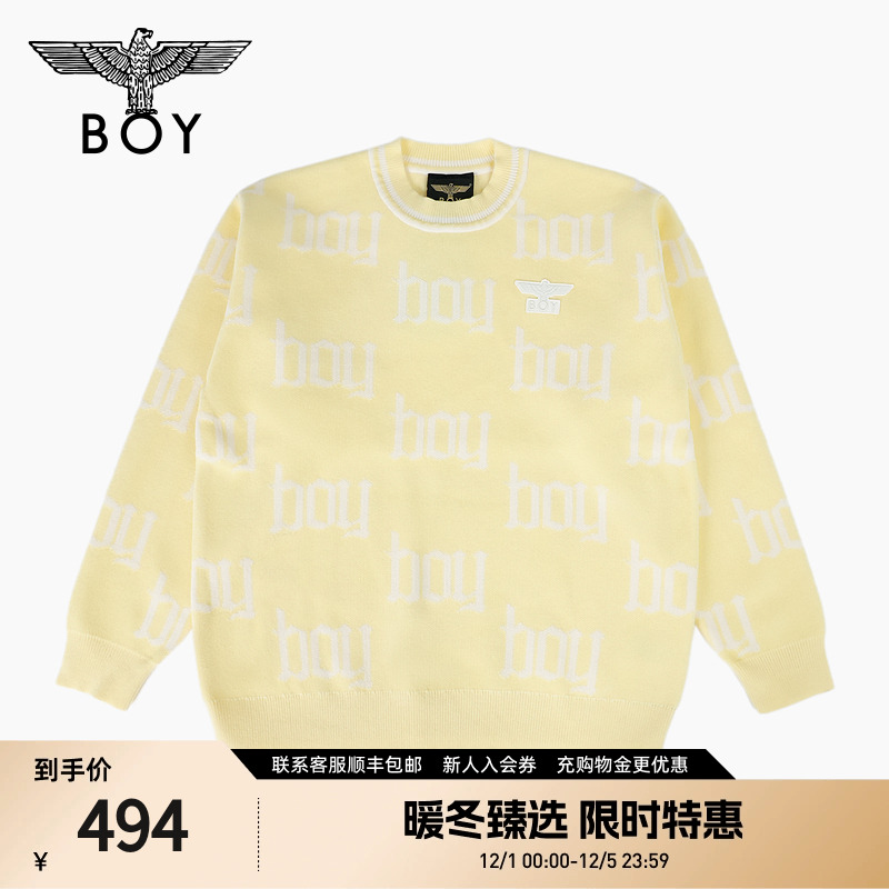 BOYLONDON2025秋季男女同款满印休闲潮牌圆领套头针织毛衣N60006