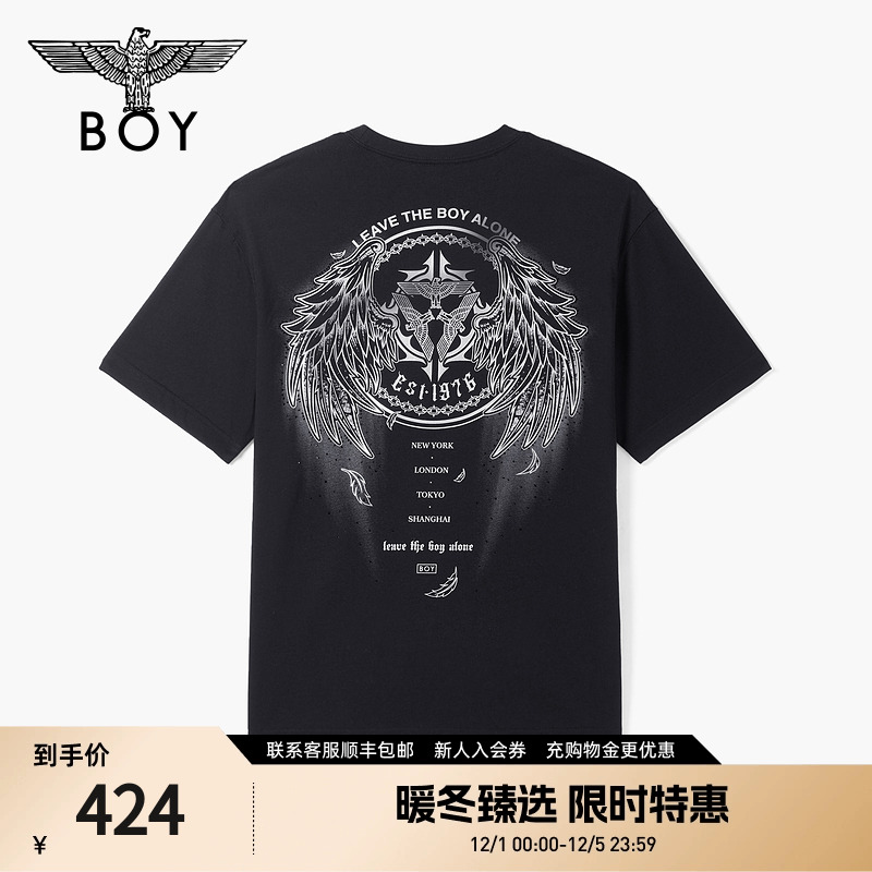 BOYLONDON25新款夏季男女黑色翅膀印花潮牌时尚休闲短袖T恤N03071
