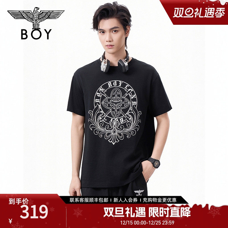 BOYLONDON25新款夏季男女同款黑色印花高街时尚潮牌短袖T