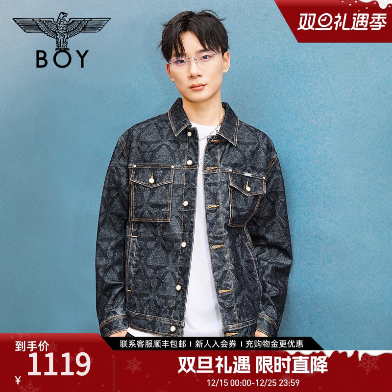 BOYLONDON25秋季新款男女同款满印翻领水洗牛仔夹克外套N5001006