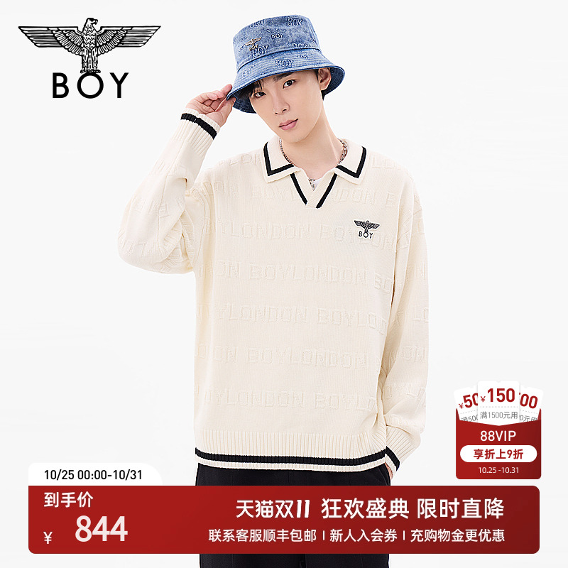 BOYLONDON秋情侣混纺毛衣凹凸字母满印学院风衬衫领针织衫N60028