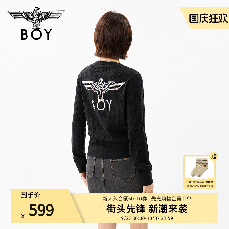 BOYLONDON冬季潮牌女生款时尚前卫提花针织开衫毛衣外套W64907