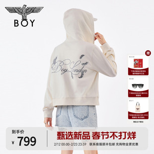 BOYLONDON春季银色刺绣米白连帽开衫卫衣2026年新款女外套W06007