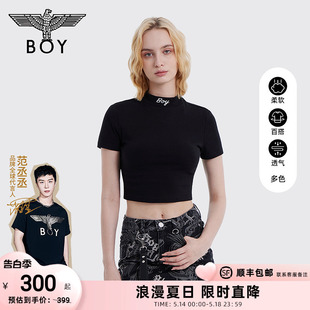 领口字母刺绣小高领T恤W01001 短款 女士修身 BOYLONDON夏季