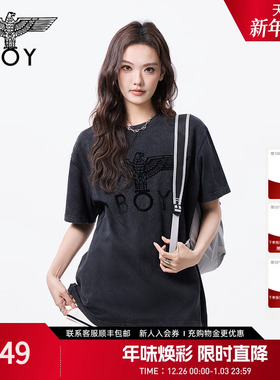 BOYLONDON春夏男女同款铁塔植绒印花朋克潮牌针织短袖T恤N01131