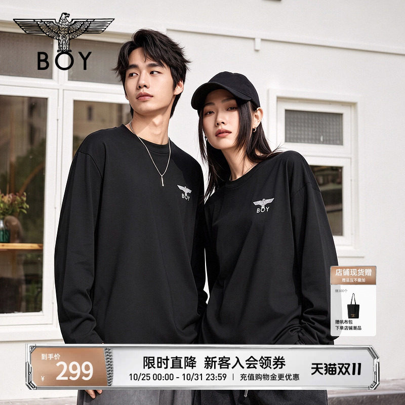 BOYLONDON潮牌街头风简约黑色百搭圆领长袖秋季男女同款T恤N00029