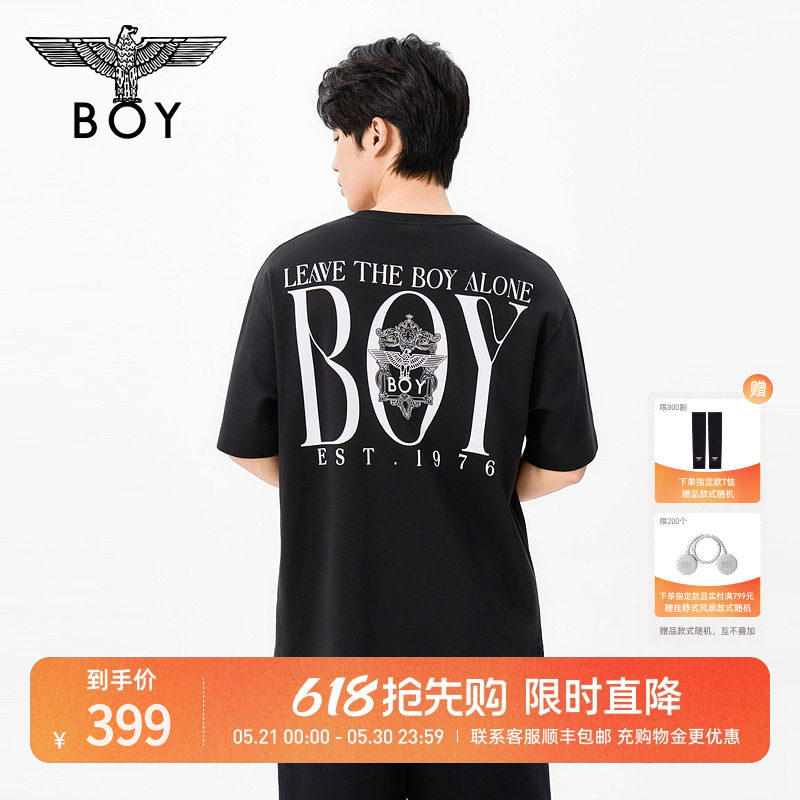 BOYLONDON黑色宽松百搭圆领短袖潮牌老鹰2026夏季新款T