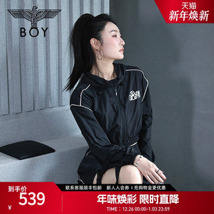 BOYLONDON春季 女士短外套logo印花百搭黑色休闲连帽外套W23001