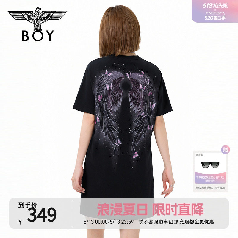 BOYLONDON蝴蝶大翅膀黑色圆领时尚休闲潮牌T恤式女款连衣裙