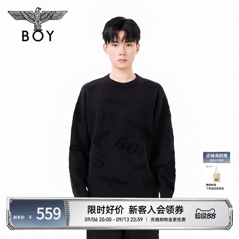 BOYLONDON秋季情侣毛衣简约百搭套头圆领潮流提花针织毛衫N60022