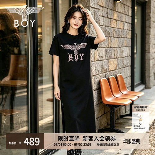【粉钻蔷薇】BOYLONDON夏季女款直筒T恤裙翅膀黑色连衣裙W17015