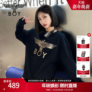 BOYLONDON春季 潮牌朋克百搭印花黑色圆领套头卫衣N03061 男女同款