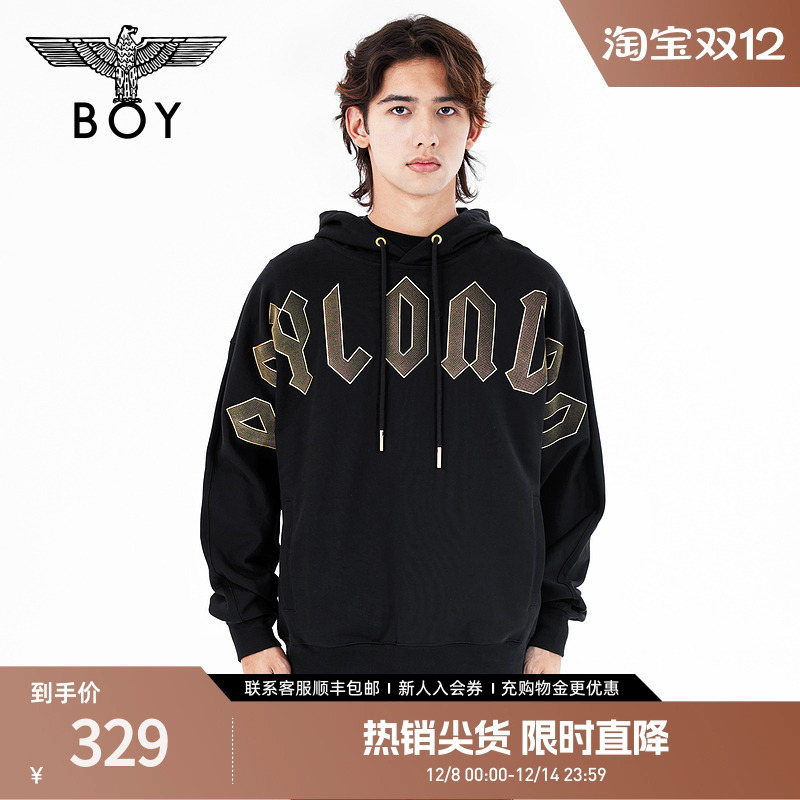 BOYLONDON秋季情侣款长袖复活节主题植绒烫金黑色连帽卫衣N04011