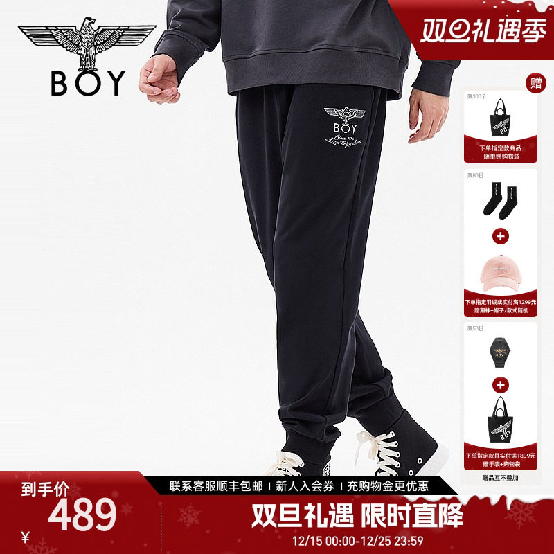 BOYLONDON男女同款长裤经典老鹰潮牌休闲黑色束脚裤N158