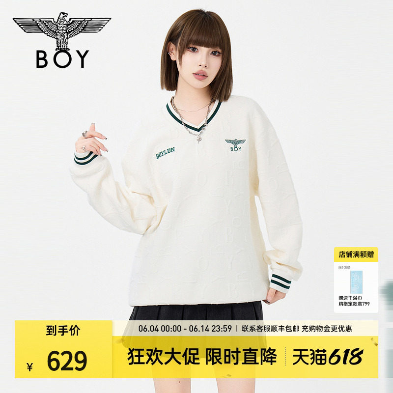 BOYLONDON春季男女同款潮牌时尚休闲学院风满印长袖V领卫衣N03052