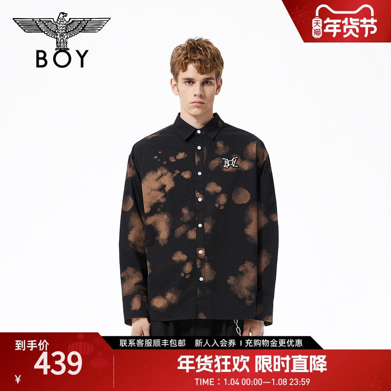 BOYLONDON春季潮牌长袖男女同款扎染休闲夜光黑色衬衫外套N21009