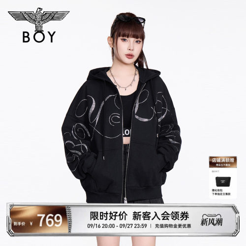 BOYLONDON秋季情侣款潮牌朋克风前卫烫钻连帽卫衣外套开衫N06021