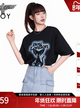 BOYLONDON小猫印花黑色时尚休闲潮牌短袖夏季男女同款T恤N01285