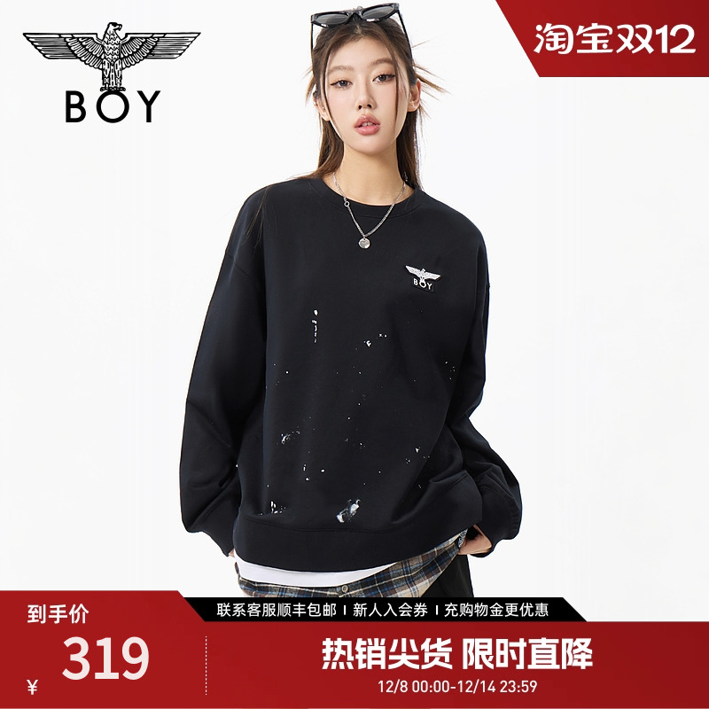 BOYLONDON25秋季印花潮牌时尚百搭假两件童趣圆领卫衣N03027