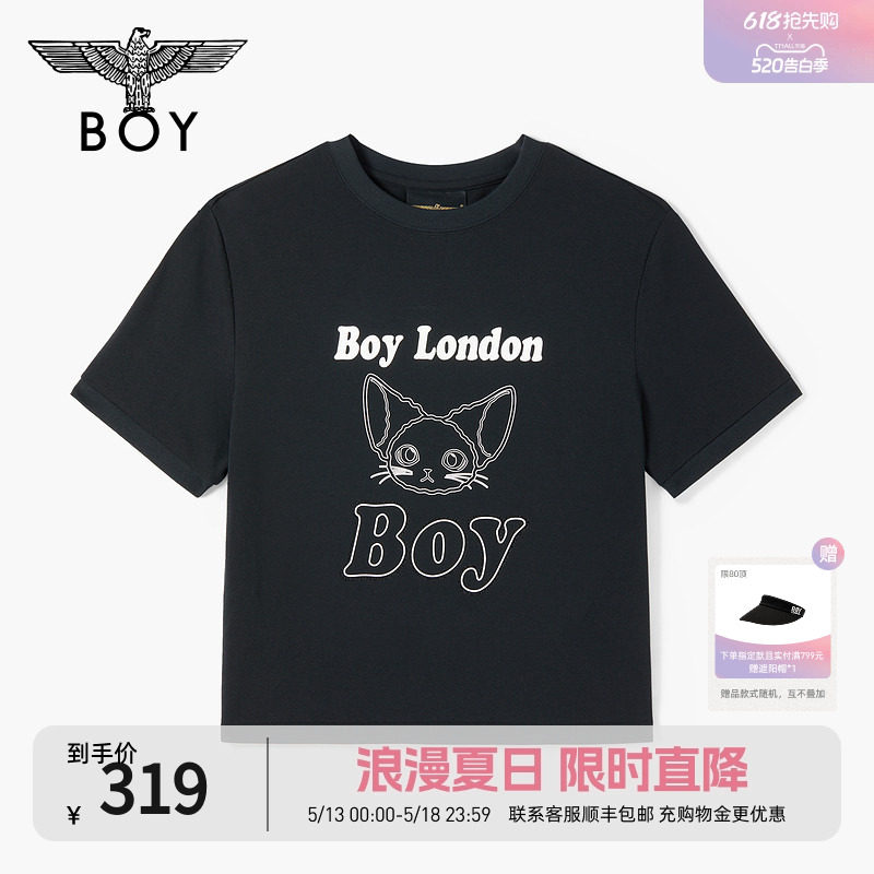 BOYLONDON简约线条卷毛小猫LOGO时尚潮牌短袖夏季女款T