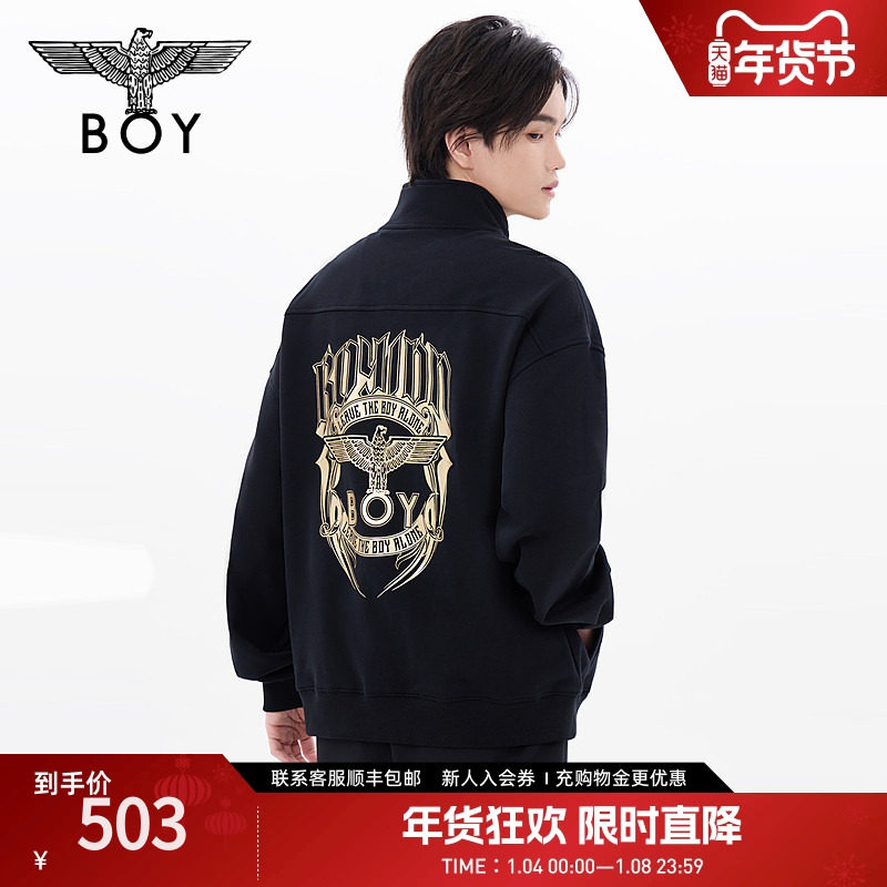 BOYLONDON春季男女同款上衣烫金潮牌半拉链套头长袖卫衣N03902