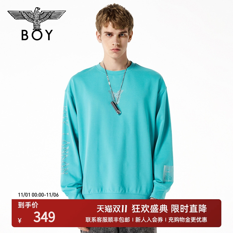 BOYLONDON秋季情侣款潮牌烫钻朋克潮酷孔雀蓝圆领套头卫衣N03901