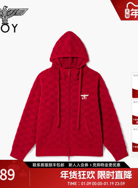 【浮梅映日】BOYLONDON新春红仿貂毛连帽毛衣开衫新款外套N64909