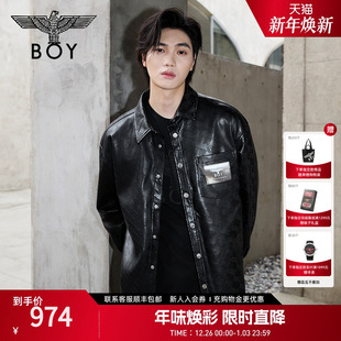 潮牌宽松PU皮衬衫 男女同款 BOYLONDON春季 外套N44003 玄纹漫镜