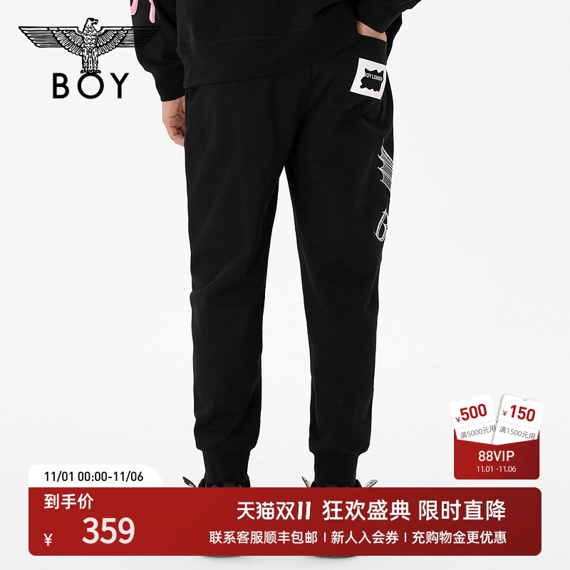 BOYLONDON秋季男女同款老鹰印花黑色运动百搭长裤N15004