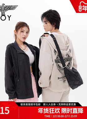 BOYLONDON春季潮牌男女同款复古运动风连帽卫衣开衫外套N06902