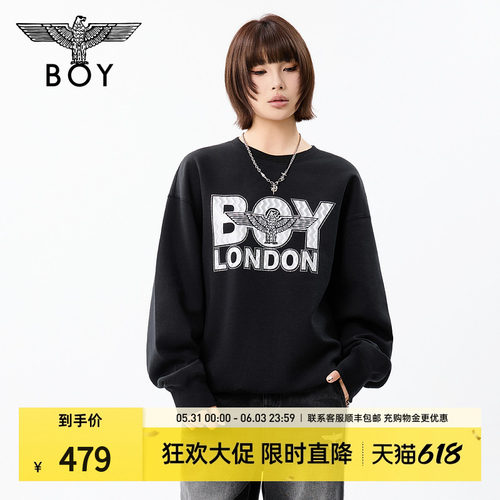 BOYLONDON春季男女同款卫衣圆领套头高街时尚印花长袖上衣N03914