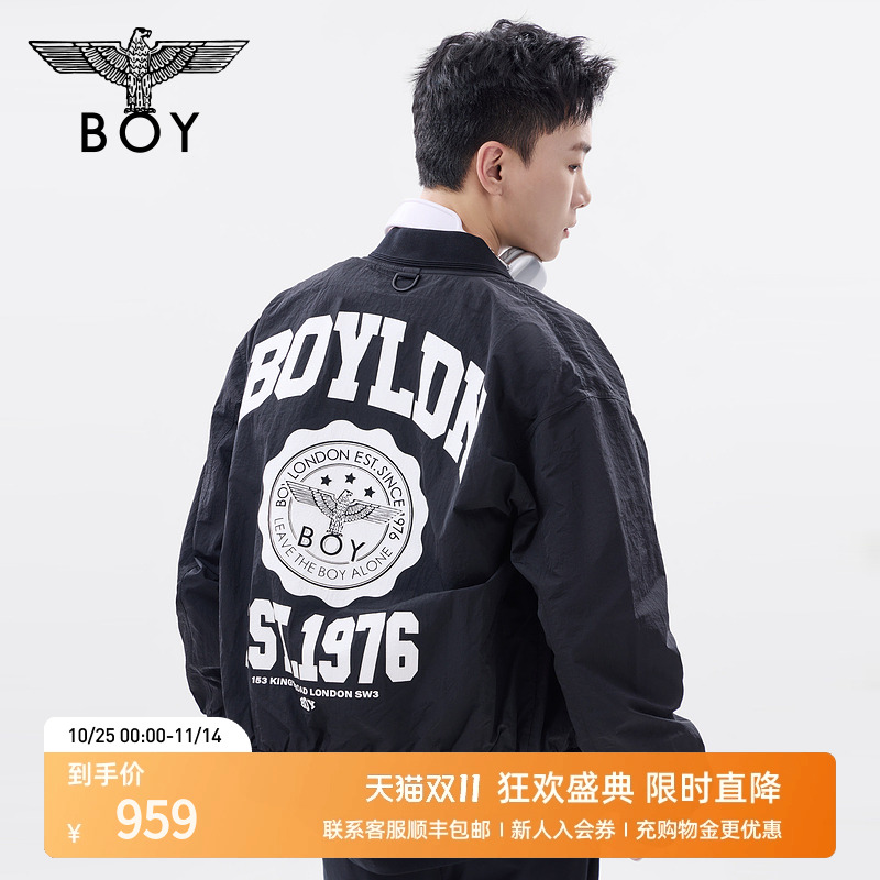 BOYLONDON秋男女同款夹克学院风印花黑色潮牌棒球领外套N23004