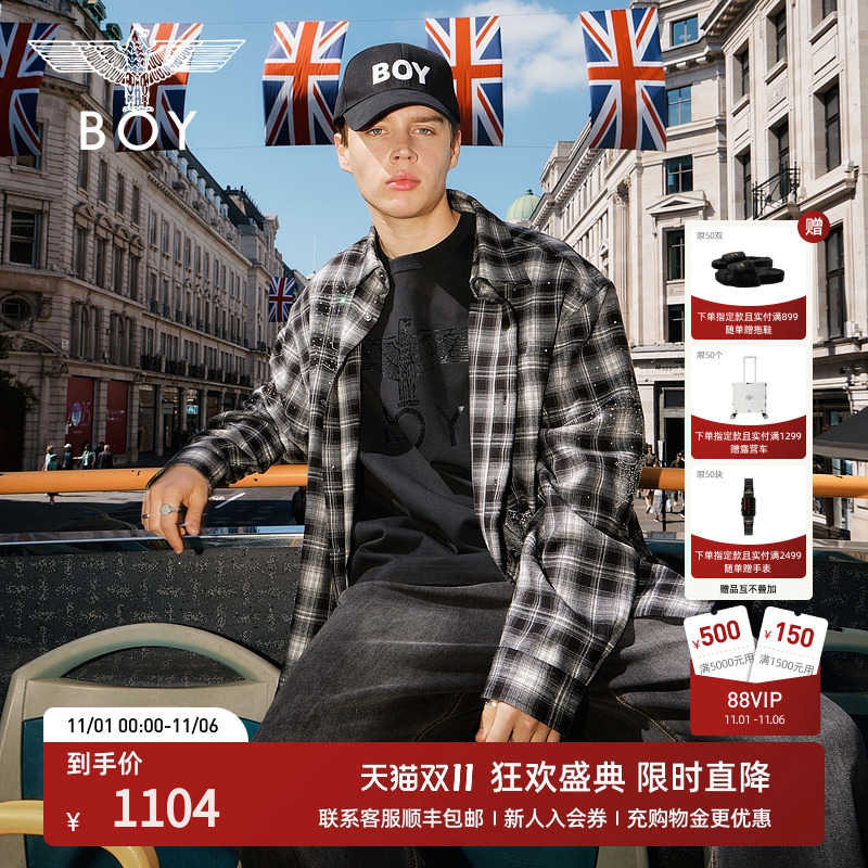 BOYLONDON2025秋季新款格子烫钻潮牌休闲情侣款长袖衬衫N21038