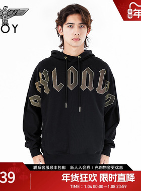 BOYLONDON春季情侣款长袖复活节主题植绒烫金黑色连帽卫衣N04011