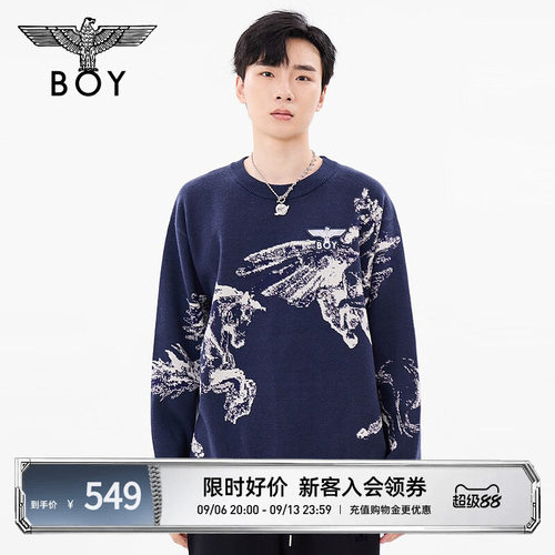 【战马奔腾】BOYLONDON秋季情侣款长袖潮牌圆领毛衣针织衫N60021
