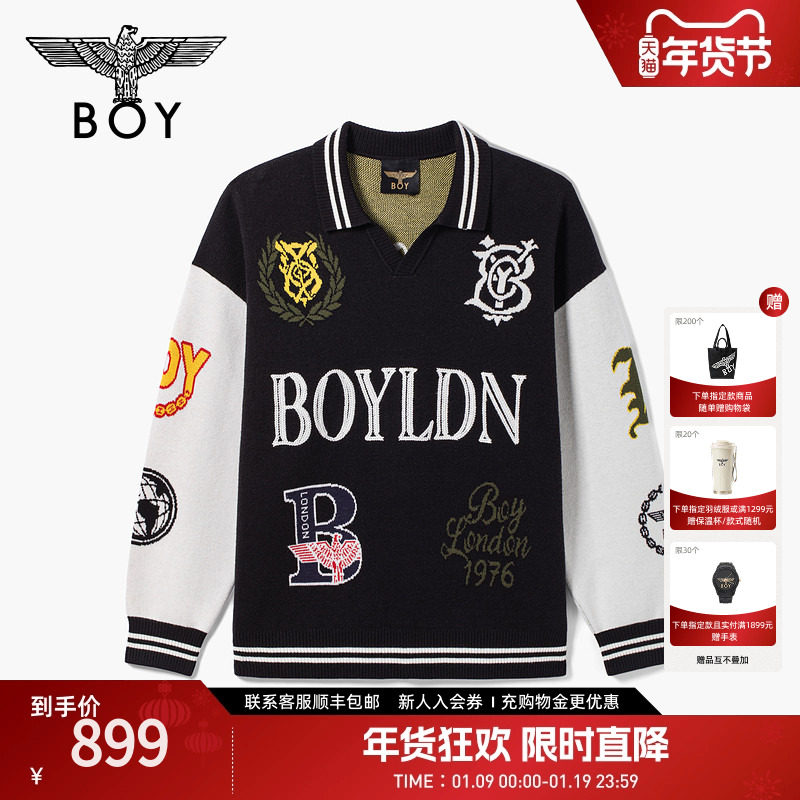 BOYLONDON美式潮流翻领棒球运动毛衣POLO领男女针织套头衫N60910