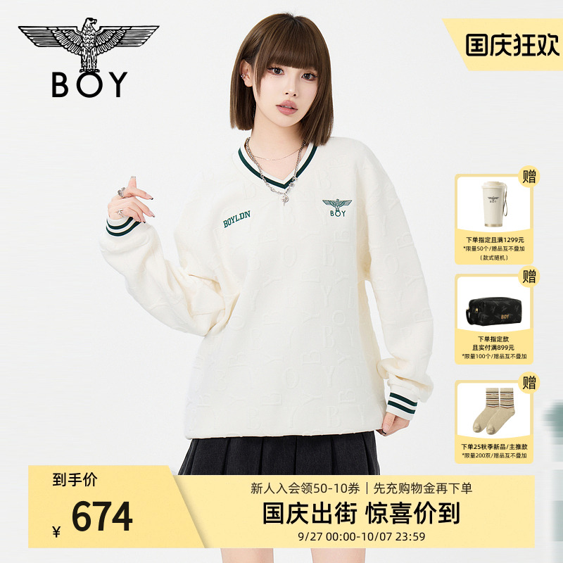 BOYLONDON25秋季情侣款潮牌时尚休闲学院风满印长袖V领卫衣N03052