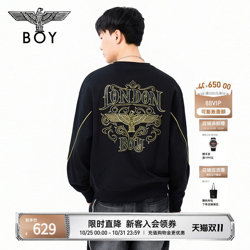 BOYLONDON秋季男女同款潮流烫金高街百搭休闲长袖圆领卫衣N03047