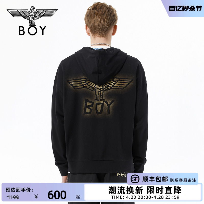 BOYLONDON秋冬外套男女同款网点烫钻LOGO黑色连帽卫衣N06001