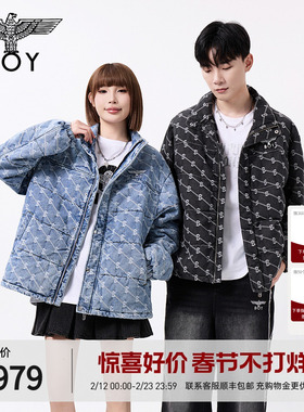 BOYLONDON冬季短款情侣棉服潮牌外套提花保暖水洗牛仔棉衣N29901